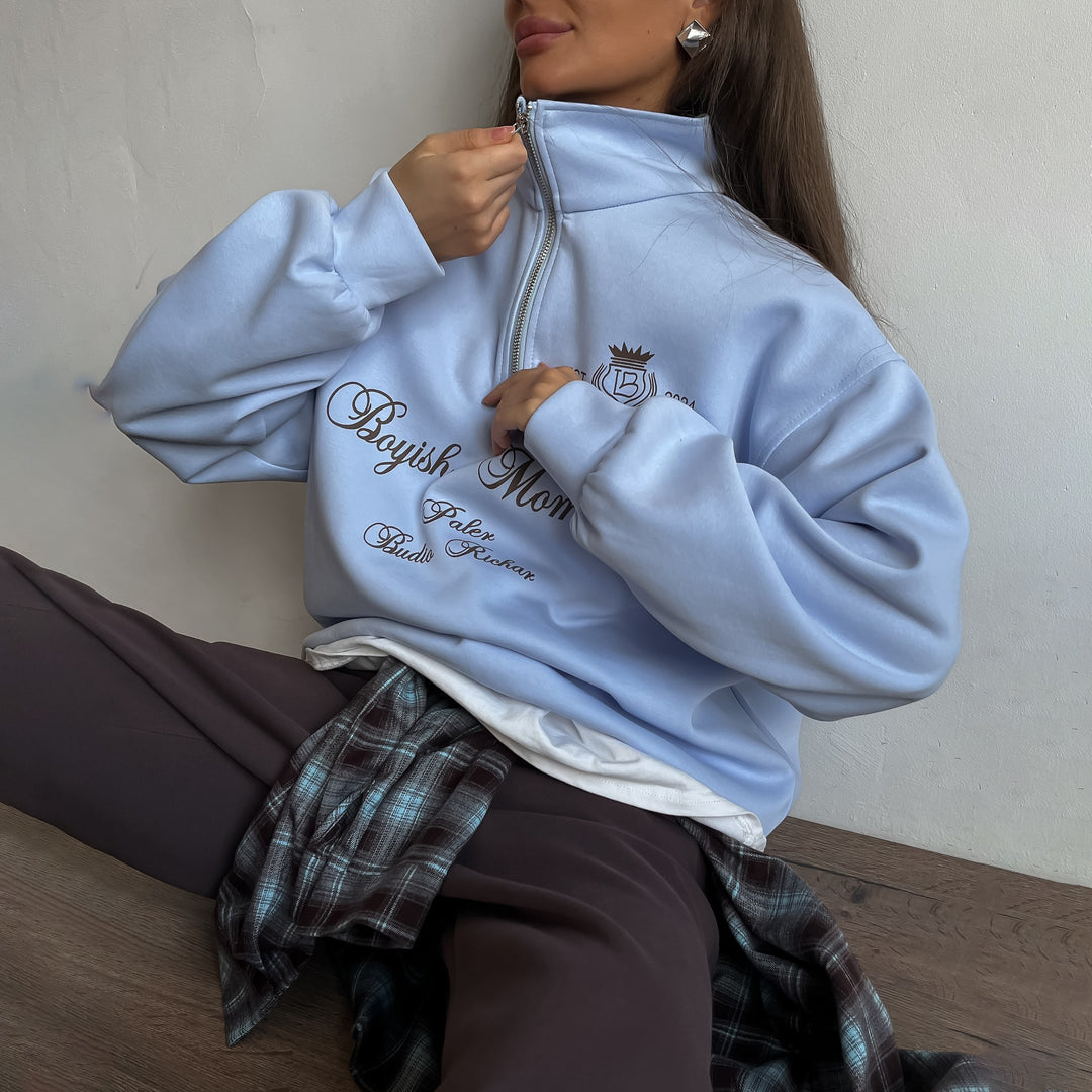 Damen Sweatshirt mit modernem Stehkragen und kreativem Druck Drune