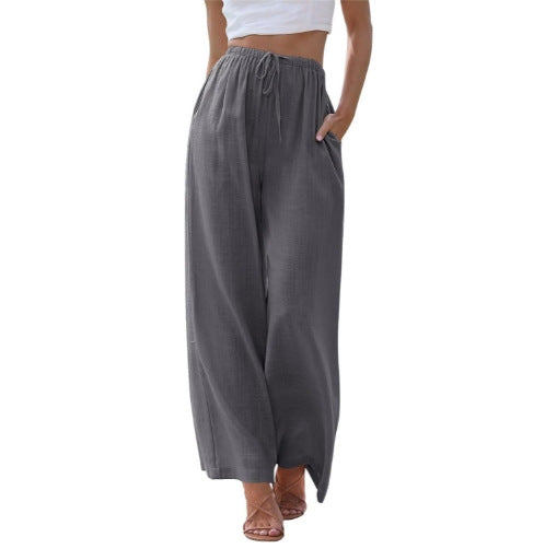 Damen nan weite Leinenhose mit elastischem Bund Kordel und Seitentaschen Drune