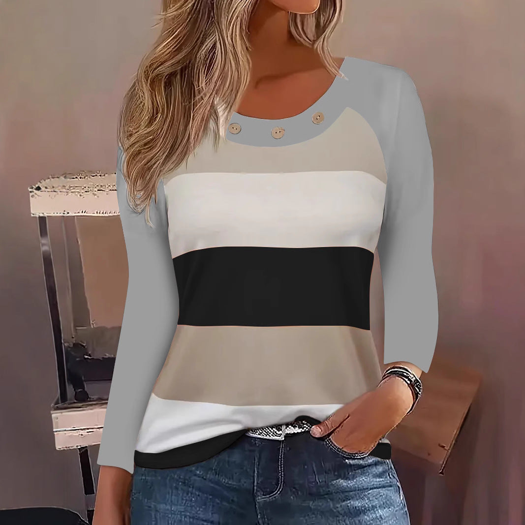 Damen Langarm T-Shirt mit modischem Streifenmuster und dekorativen Knöpfen Drune