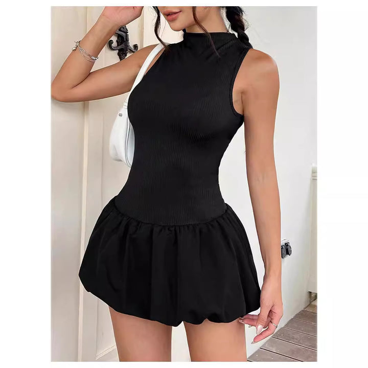 Damen trendiges Mini-Kleid mit hohem Kragen und voluminösem Rock Drune
