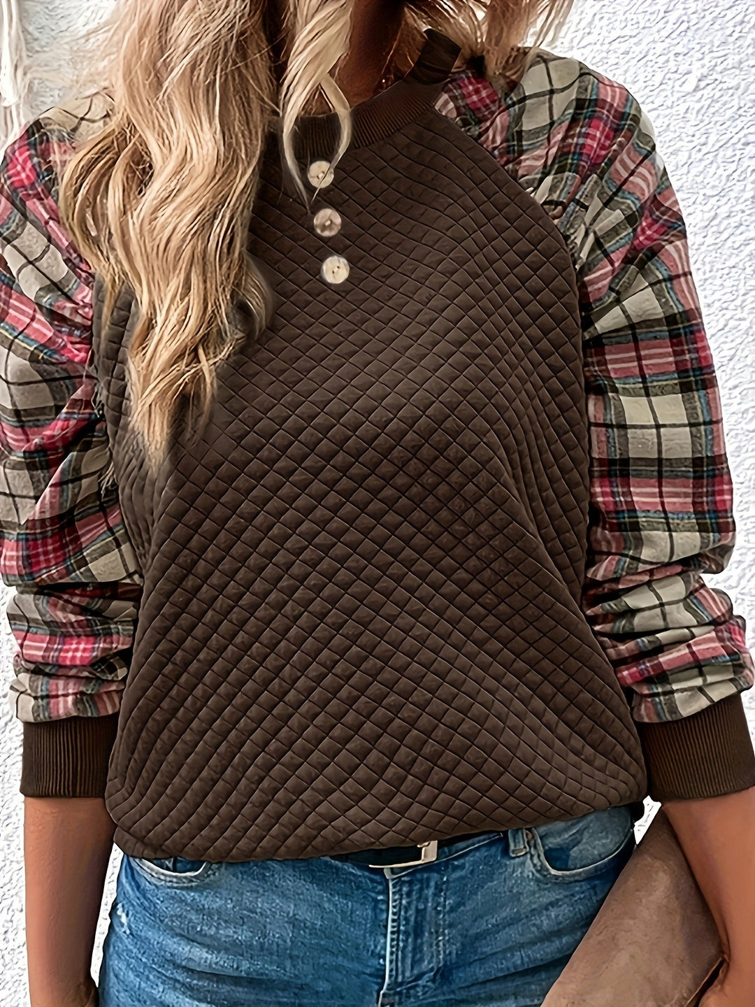 Damen modischer Sweatshirt mit strukturierten Ärmeln und Knopfdetail Drune