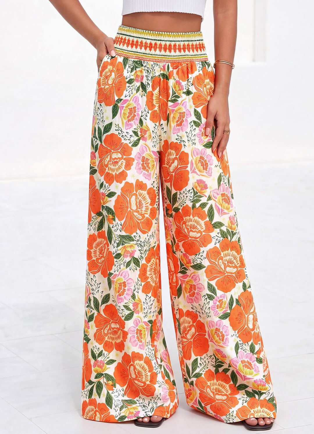 Damen luftige Palazzo-Hose mit floralen Mustern und elastischem Bund Drune