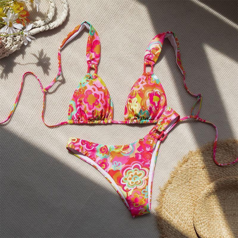 Damen Triangel-Bikini mit modischem Blumendesign und verstellbaren Trägern Drune