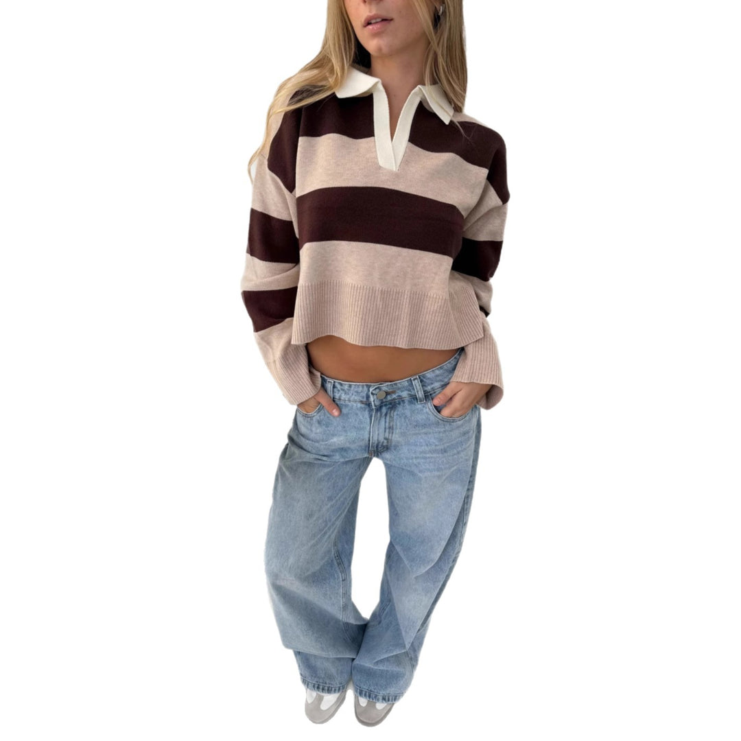 Damen cropped Pullover mit modernem Streifenmuster und sportlichem Kragen Drune