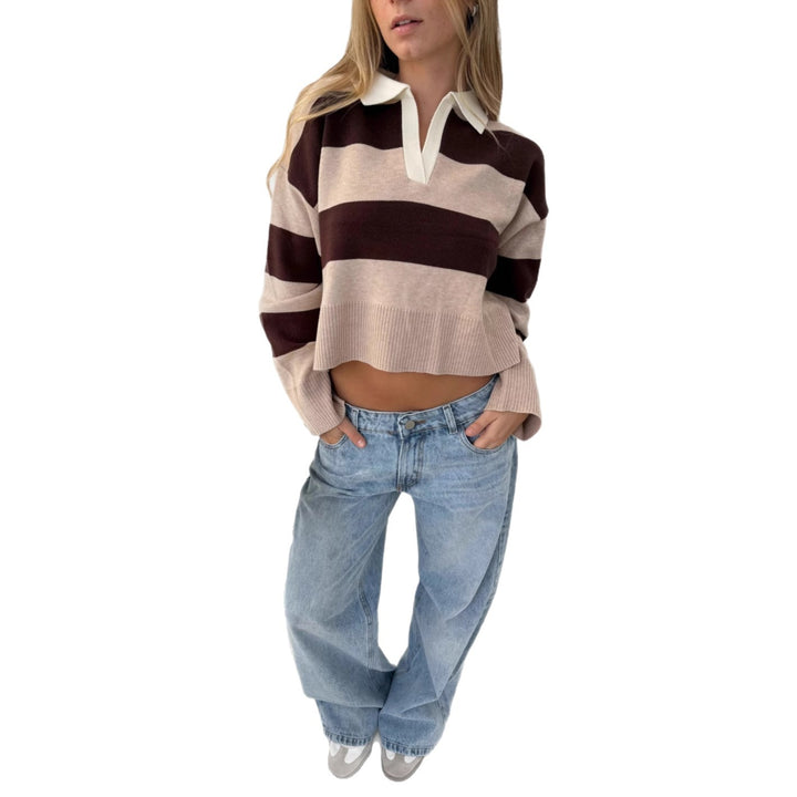 Damen cropped Pullover mit modernem Streifenmuster und sportlichem Kragen Drune