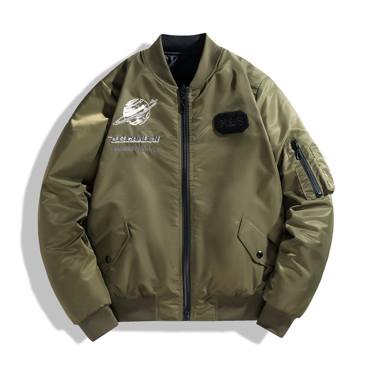 Herren  bestickte Raum-Patch-Flight-Bomberjacke mit wattierter Fütterung und Utility-Tasche am Ärmel Drune