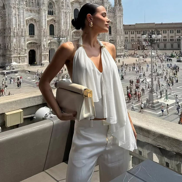 Damen Fließendes Chiffon-Oberteil mit elegantem V-Ausschnitt und Raffungen Drune