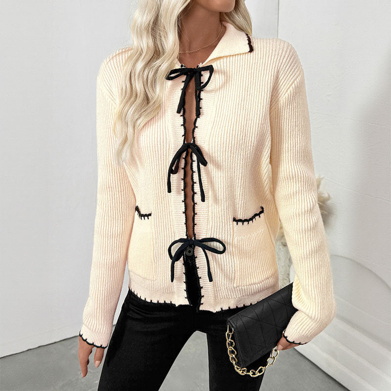 Damen elegante und modische Strickjacke mit dekorativem Bindeband Drune