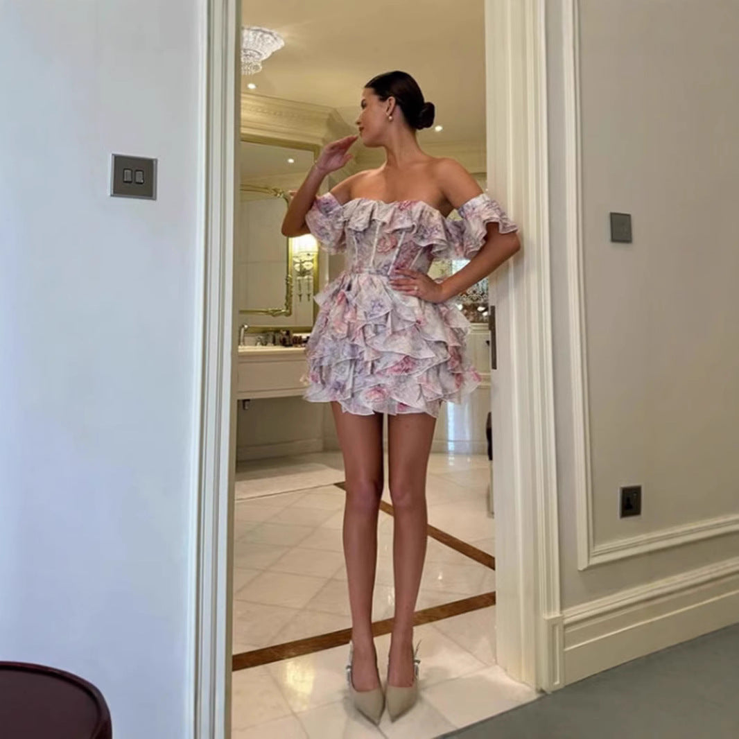 Damen Off-Shoulder Rüschenkleid mit floralem Print und elastischem Bustier Drune