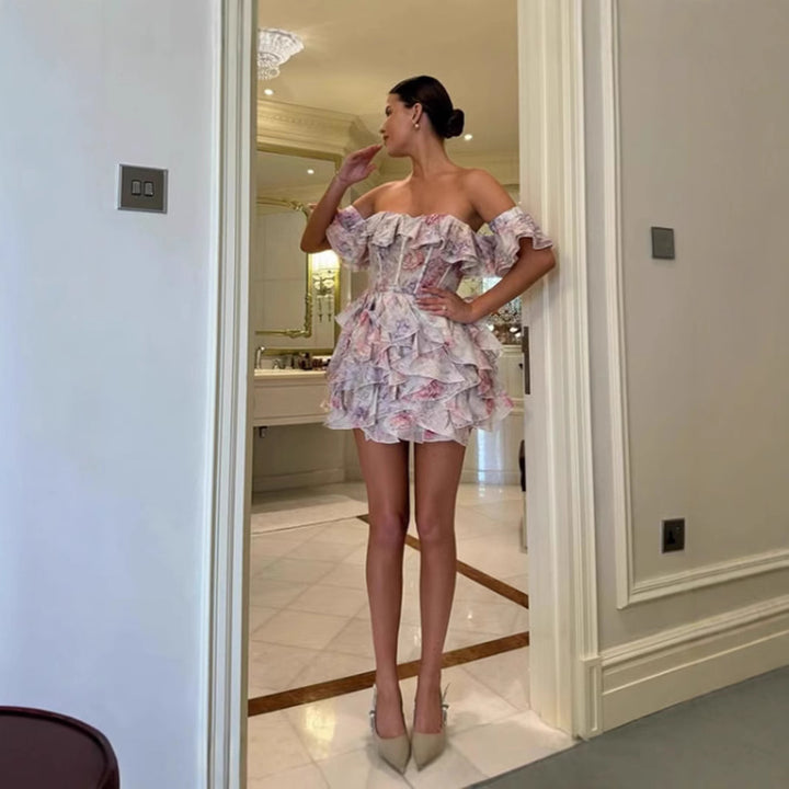 Damen Off-Shoulder Rüschenkleid mit floralem Print und elastischem Bustier Drune