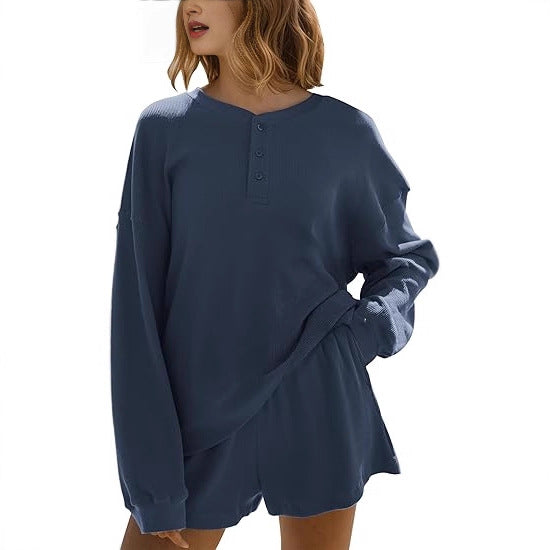 Damen lässiger Langarm-Hemdchen Pullover mit Knopfdetails Drune