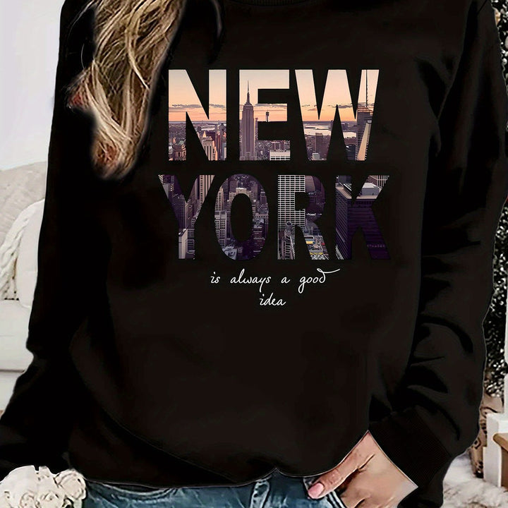 Damen Sweatshirt mit kreativem New York Skyline Druck und gemütlichem Schnitt Drune
