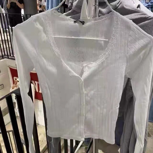 Damen feines Langarmshirt mit zarter Spitzenverzierung Drune