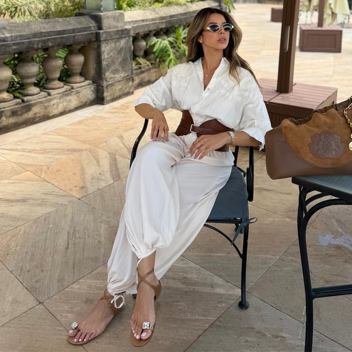 Damen voluminöser Jumpsuit mit eleganter Knopfbluse und Taillengürtel Drune