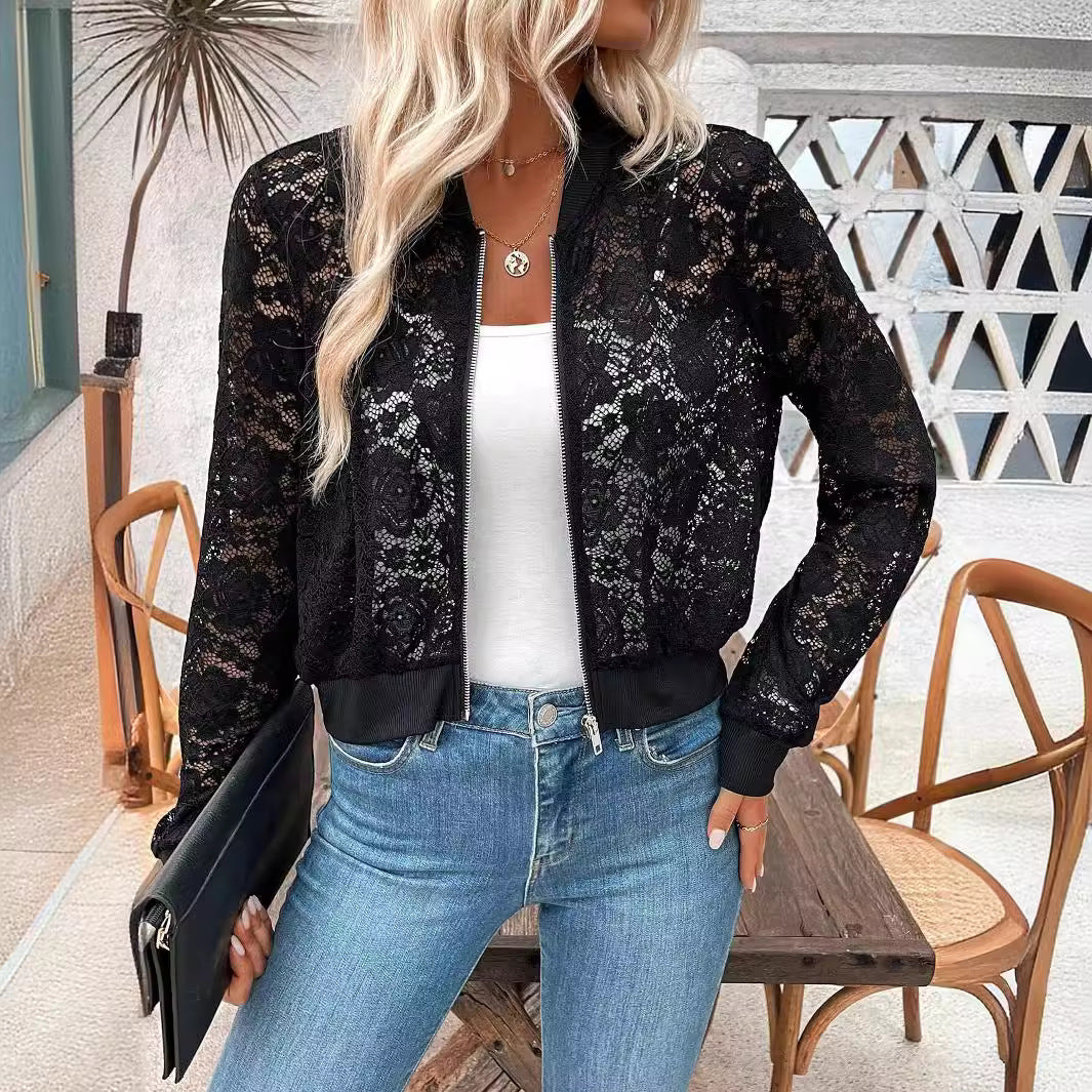 Damen nan Spitzen-Bomberjacke mit Reißverschluss, Rippbündchen und floraler Transparenz Drune