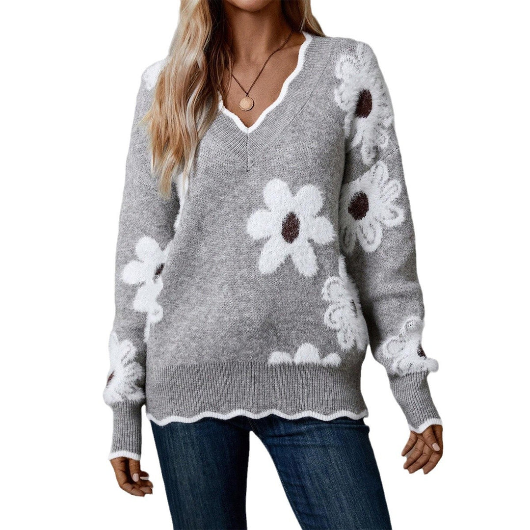 Damen Strickpullover mit floralem Design und glamourösem V-Ausschnitt Drune