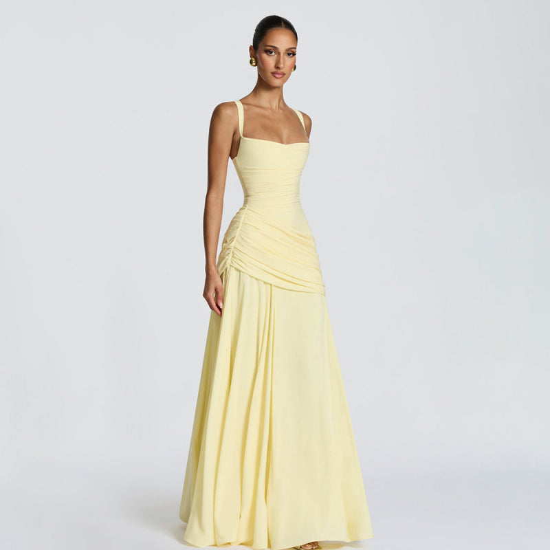 Damen Elegantes Maxikleid mit raffiniertem Raffung und schmalen Spaghetti-Trägern Drune