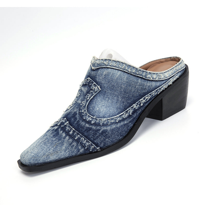 Damen elegante Mules mit modischem Jeans-Design und komfortablem Blockabsatz Drune