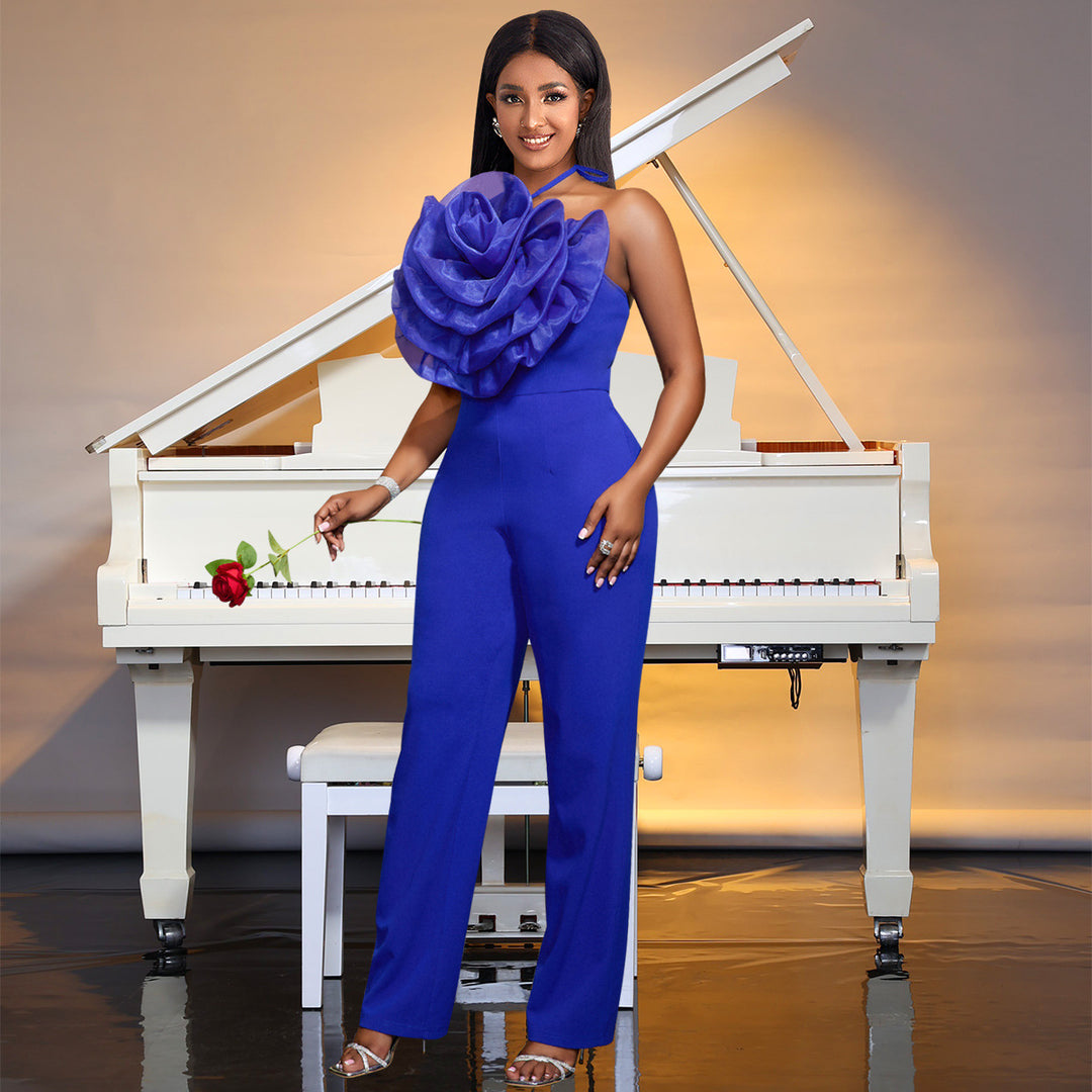 Damen eleganter Jumpsuit mit voluminösem Blumenkragen Drune