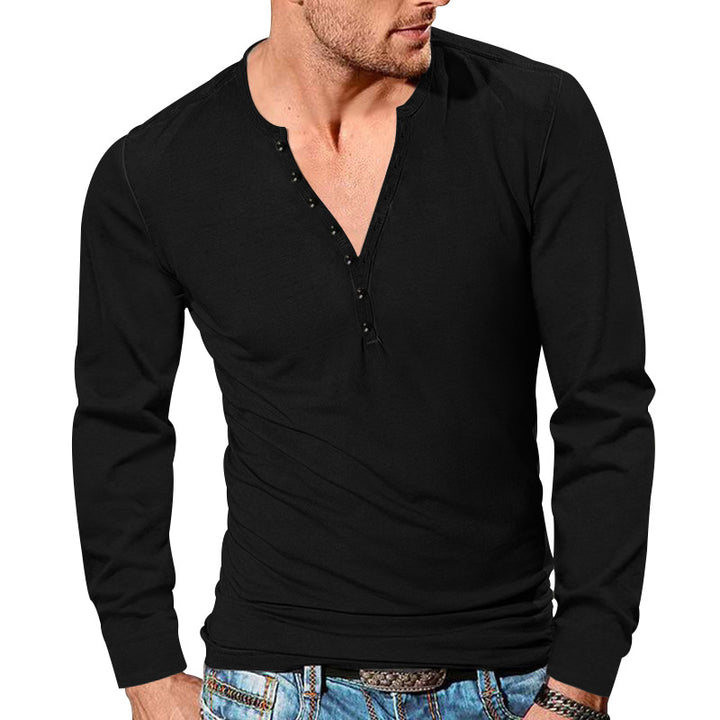 Herren nan langärmeliges Henleyshirt mit tiefer V-Knopfleiste, schmalem Slimfit und leichter Baumwollmischung Drune