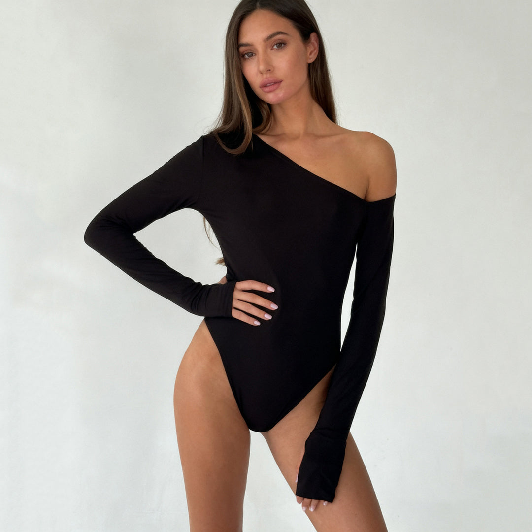 Damen eleganter Body mit langen Ärmeln und weitem Halsausschnitt Drune