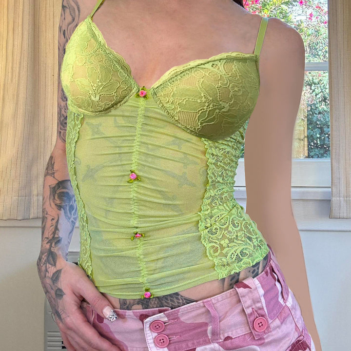 Damen Spitzen-Camisole mit wunderschöner Raffung und knopfartigen Akzenten Drune