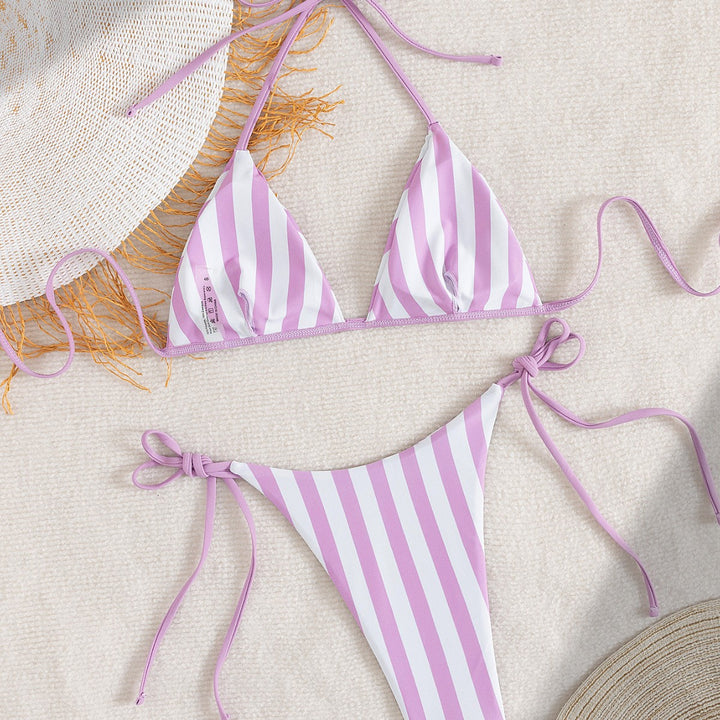 Damen Triangel-Bikini mit trendigen Streifen und verspielten Bindebändern Drune