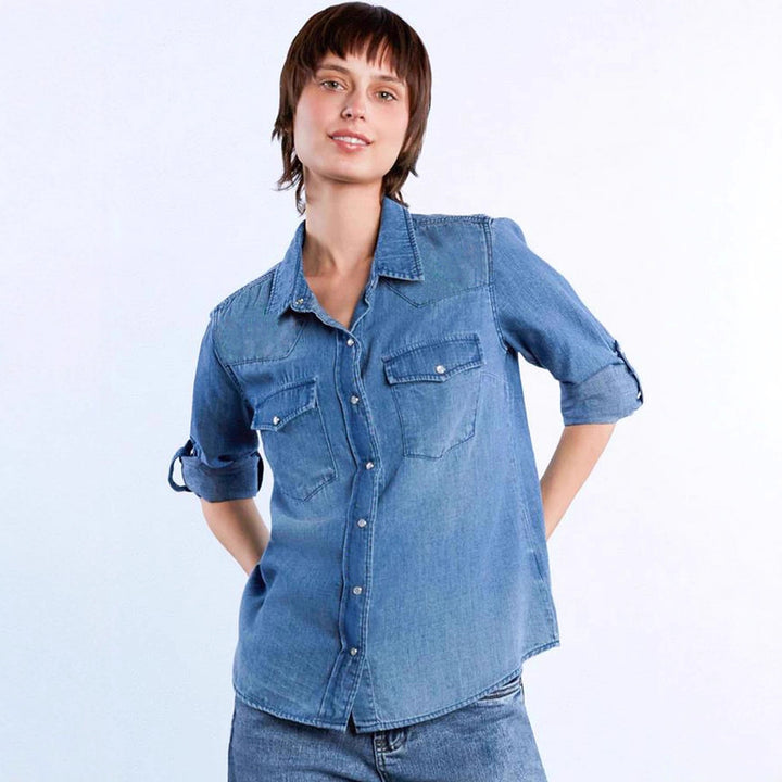 Damen lässige Denim-Bluse mit aufgesetzten Taschen und leicht tailliertem Schnitt Drune