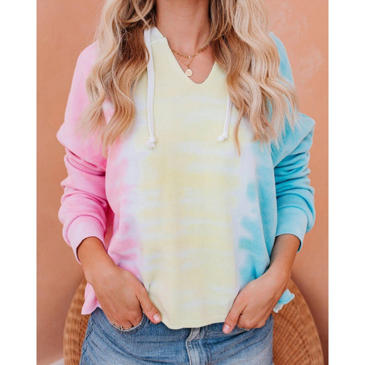 Damen V-Ausschnitt Kapuzenpullover mit Batikdesign Drune