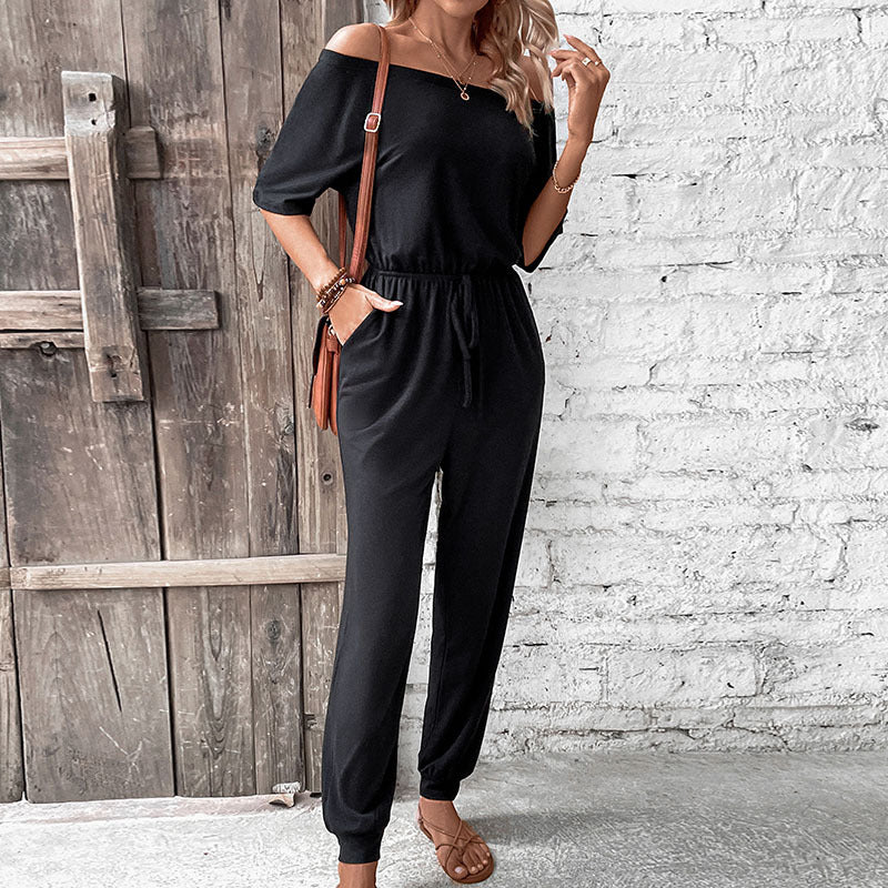 Damen lässiger Jumpsuit mit schulterfreiem Design und verstellbarem Taillenzug Drune