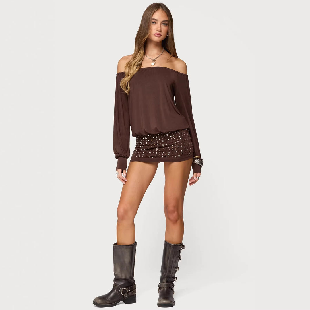 Damen Off-Shoulder Top mit eleganten langen Ärmeln und figurbetontem Rock Drune