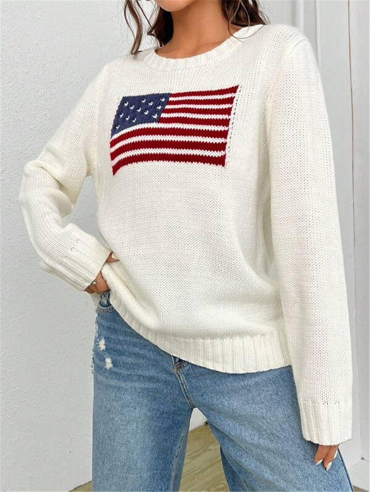 Damen lässiger Crop-Pullover mit Flaggenmuster und strukturiertem Strick Drune
