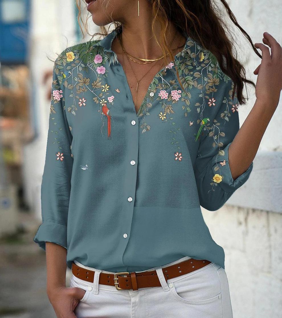 Damen nan leichte Chiffonbluse mit floralem Vogelprint, Knopfleiste und lässigem Schnitt Drune