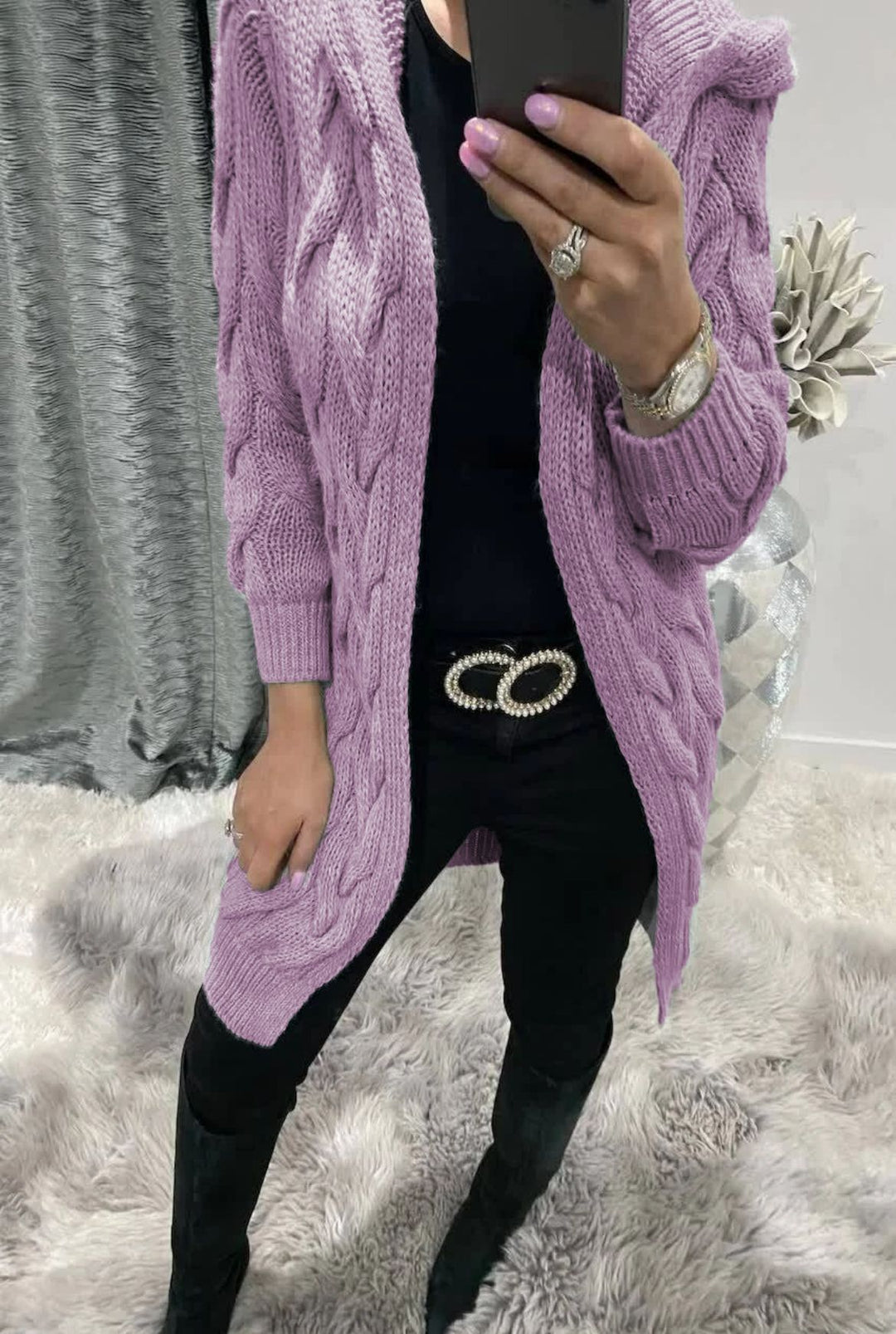Damen Grobstrick-Cardigan mit nostalgischem Zopfdesign und praktischen Taschen Drune