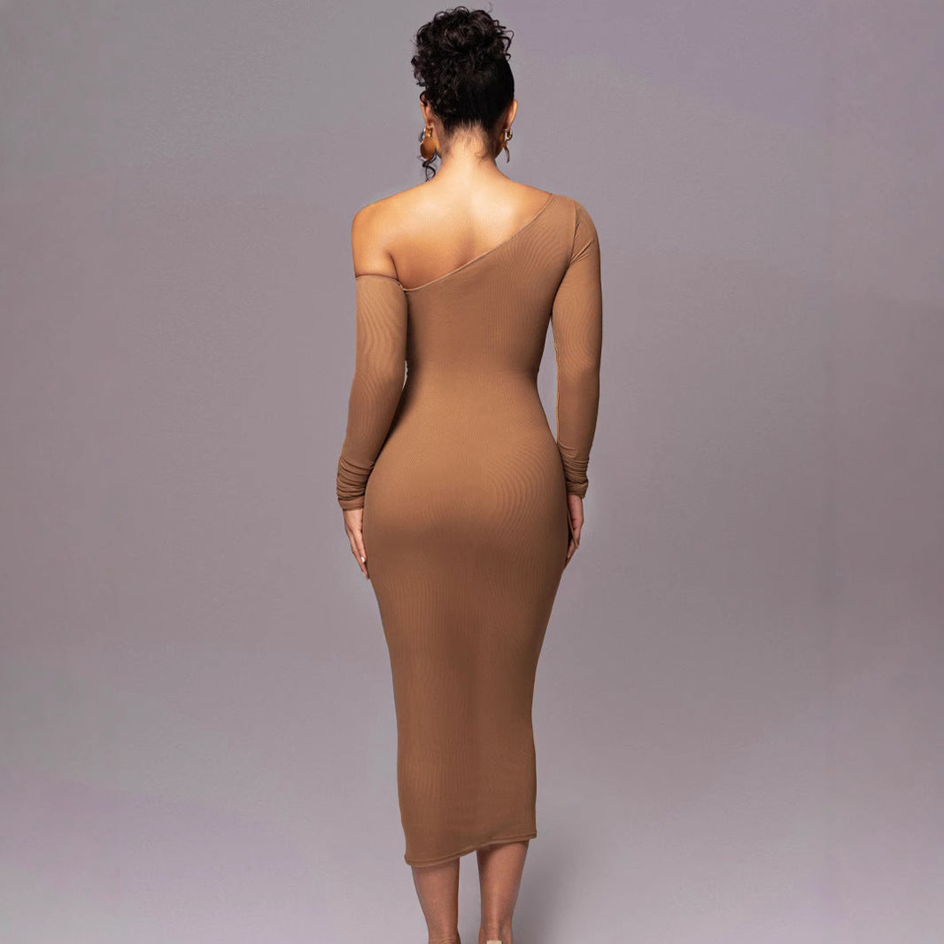 Damen Elegantes One-Shoulder Kleid mit Rüschen Drune