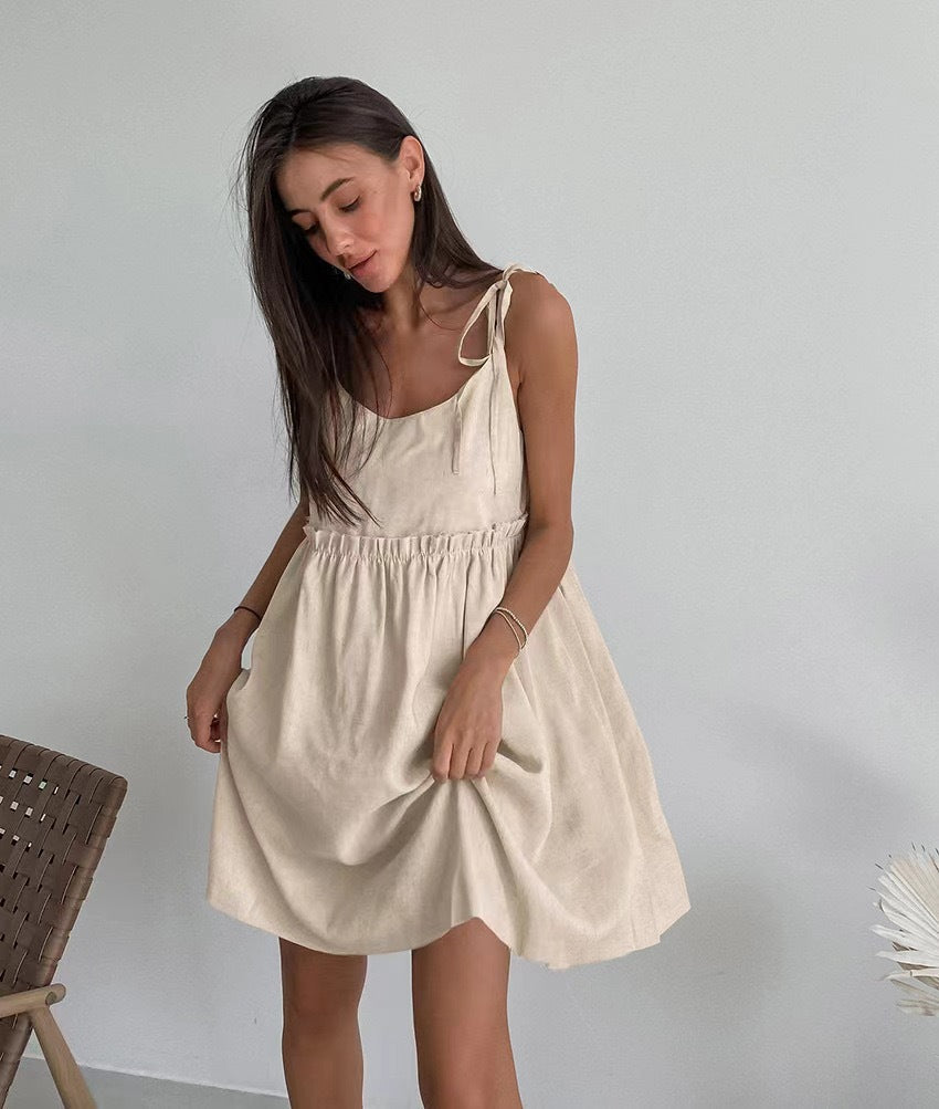 Damen lässiges Spaghettiträger-Kleid mit elastischem Bund und dekorativen Schleifen Drune