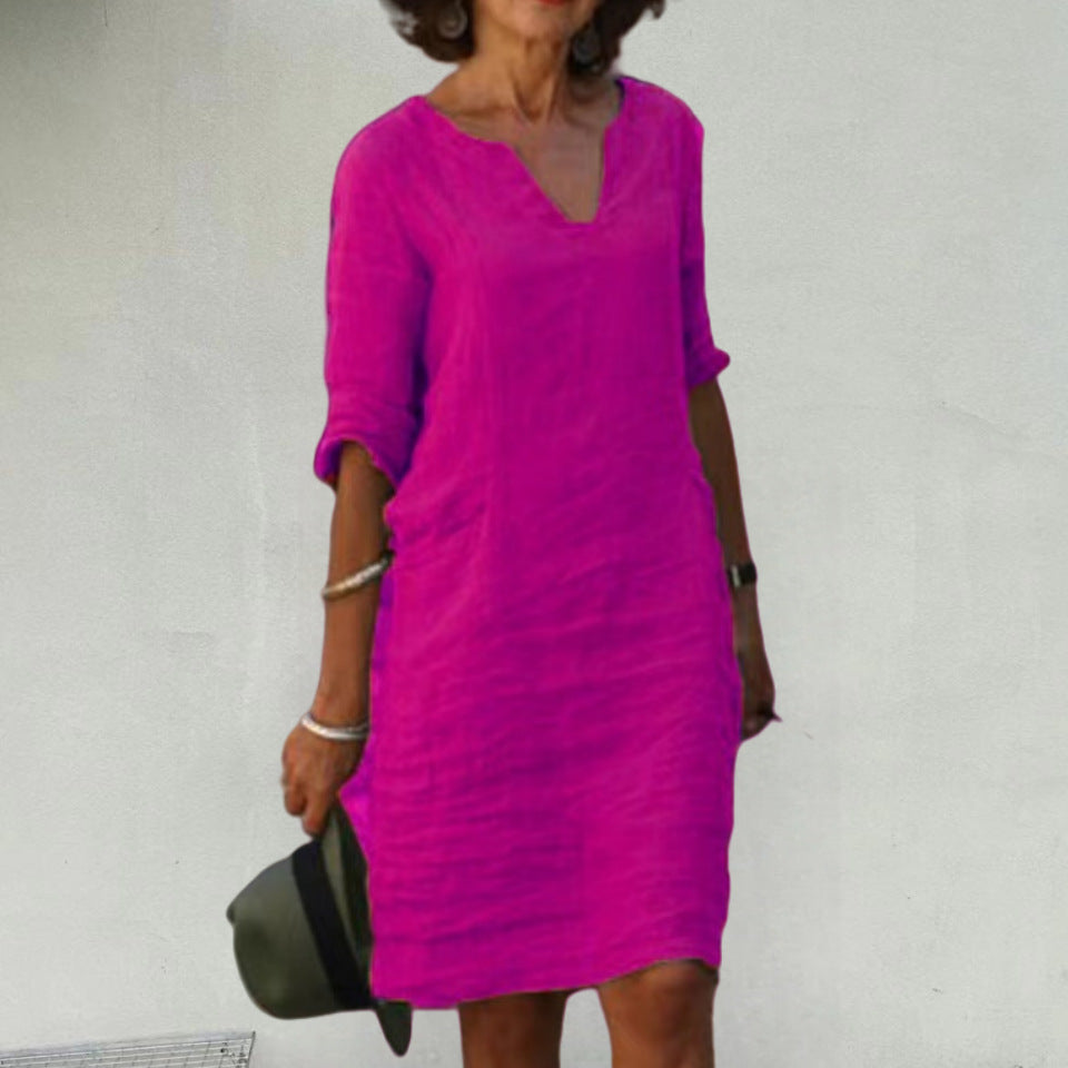 Damen Leichtes Sommerkleid mit eleganter V-Ausschnitt-Front und praktischen Seitentaschen Drune