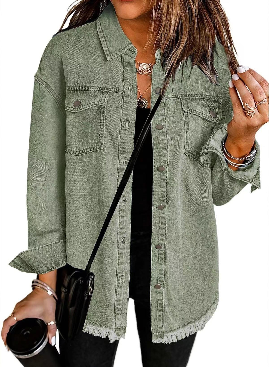 Damen Jeanshemd mit fransigem Saum und praktischen Taschen Drune