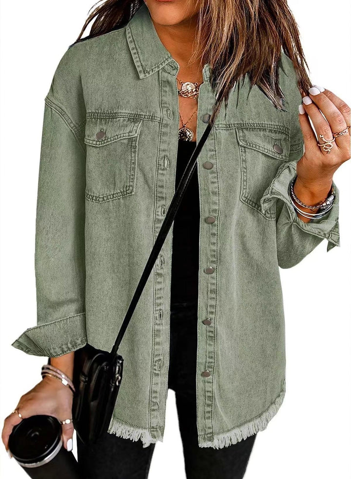 Damen Jeanshemd mit fransigem Saum und praktischen Taschen Drune