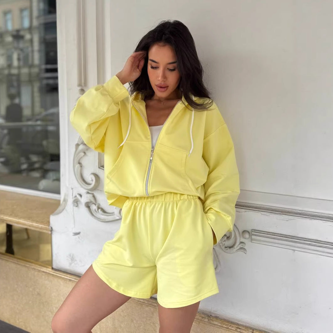 Damen lässiges Sport-Set mit kapuze und kurzer Hose Drune