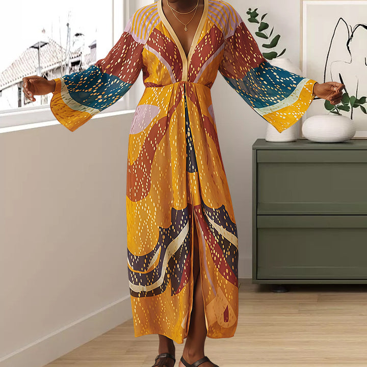 Damen Maxikleid mit buntem Print und modernen langen Ärmeln Drune