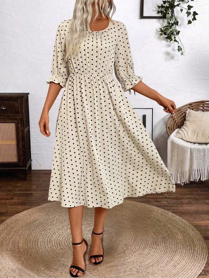 Damen Midikleid mit dekorativen Puffärmeln und elastischem Taillenbund Drune