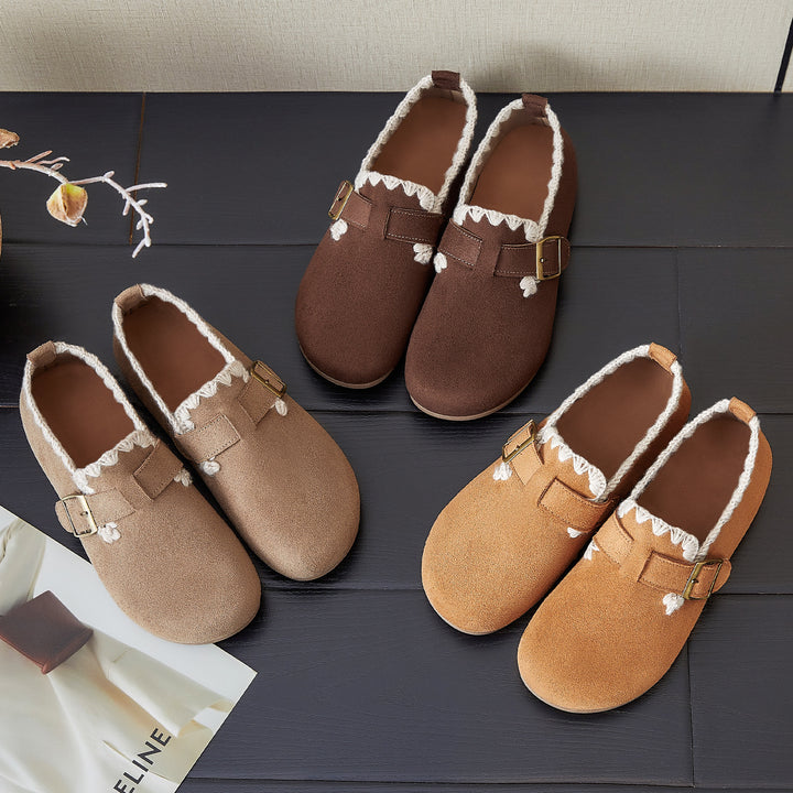 Damen nan kuschelige Mokassin-Slipper mit verstellbarem Schnallenriemen und gehäkelter Kantenverzierung Drune