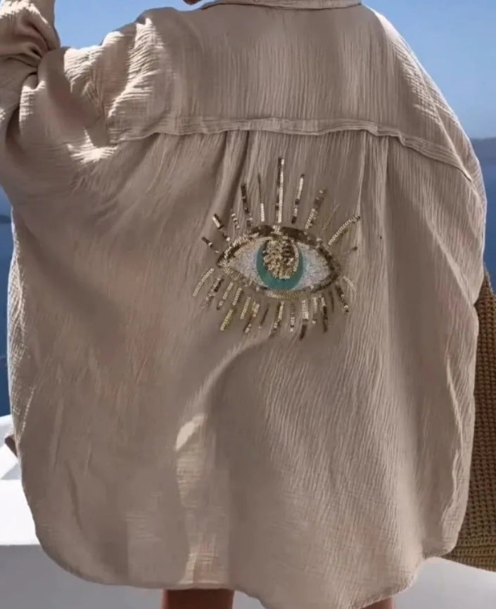 Damen lässige Bluse mit einzigartigem Augenmotiv und gestickten Akzenten Drune