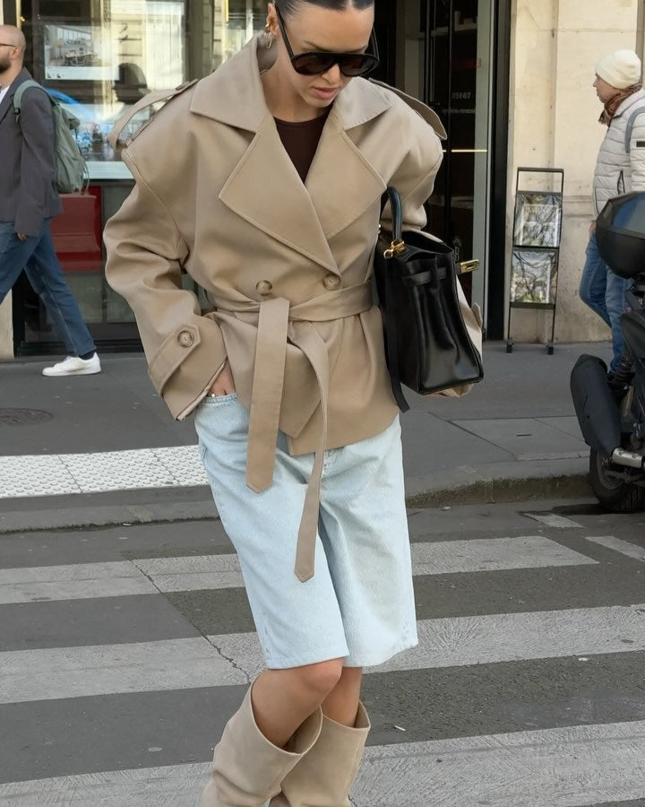 Damen Trenchcoat mit breiten Schultern und Taillengürtel Drune