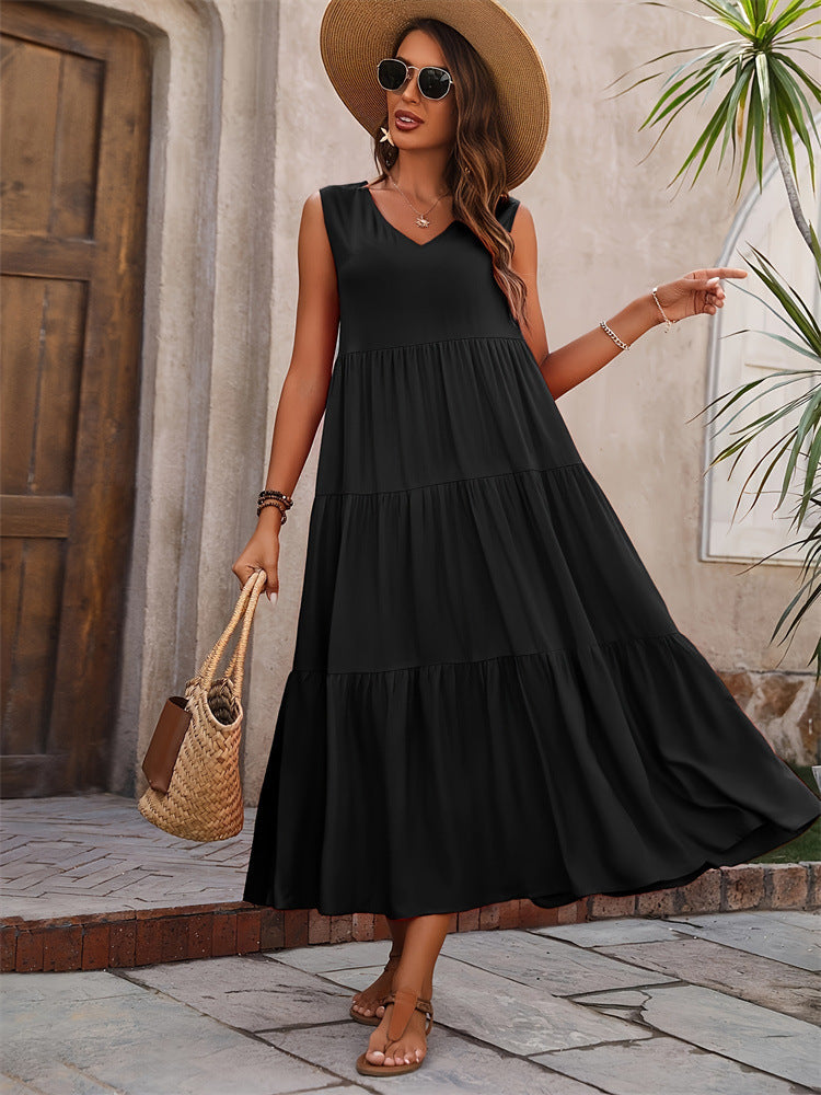 Damen Elegantes Sommer-Maxi-Kleid mit voluminösem Rock und V-Ausschnitt Drune