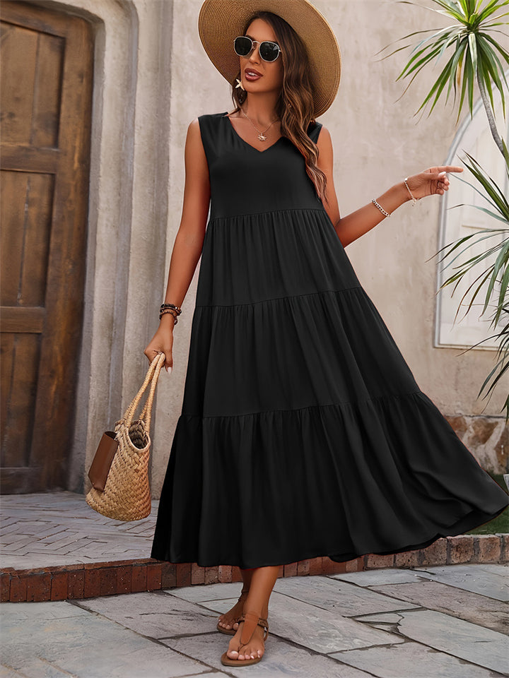Damen Elegantes Sommer-Maxi-Kleid mit voluminösem Rock und V-Ausschnitt Drune