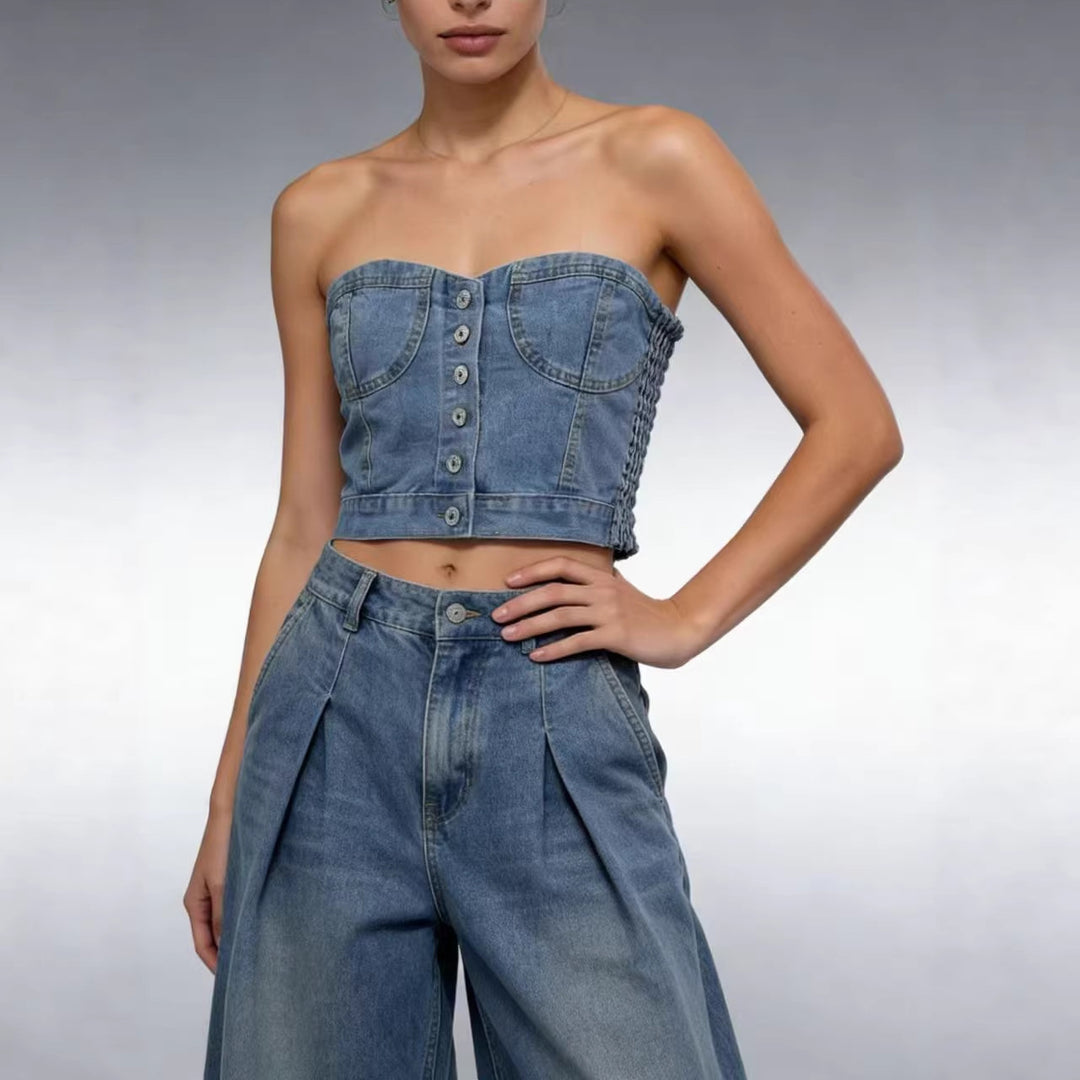 Damen Denim Bustier-Oberteil mit Knopfdetails und tailliertem Schnitt Drune