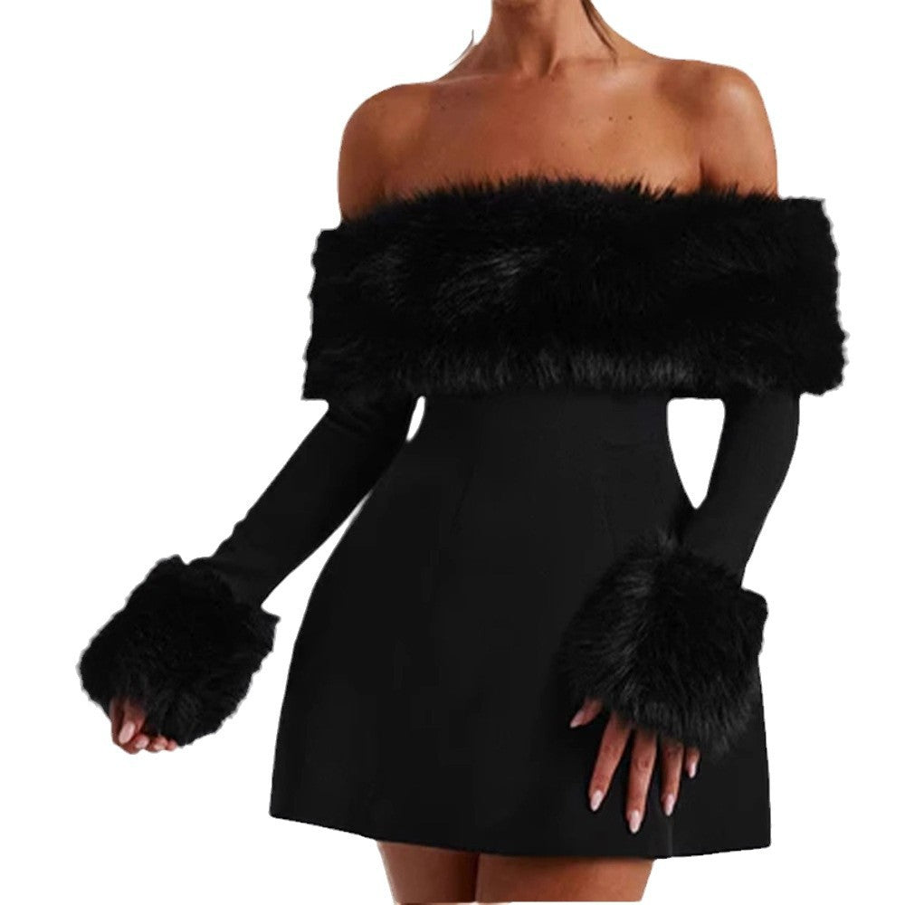 Damen Stilvolles Minikleid mit abnehmbaren Flauschenärmeln Drune
