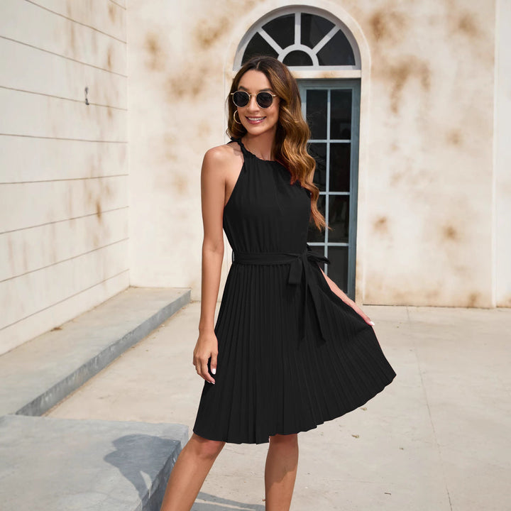 Damen Plissiertes Sommerkleid mit tailliertem Gürtel und Halterneck Drune